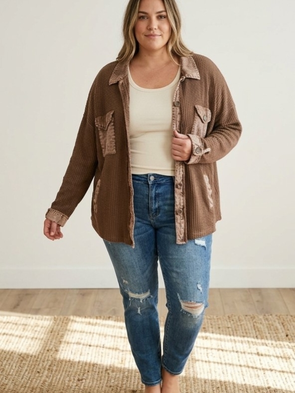 Zenana Outfitters Waffle Knit Top in Brown